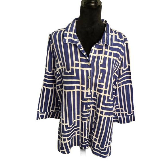 JOHN MARK TOP SIZE L BLUE GEOMETRIC DESIGN 100% LINEN - Picture 1 of 3